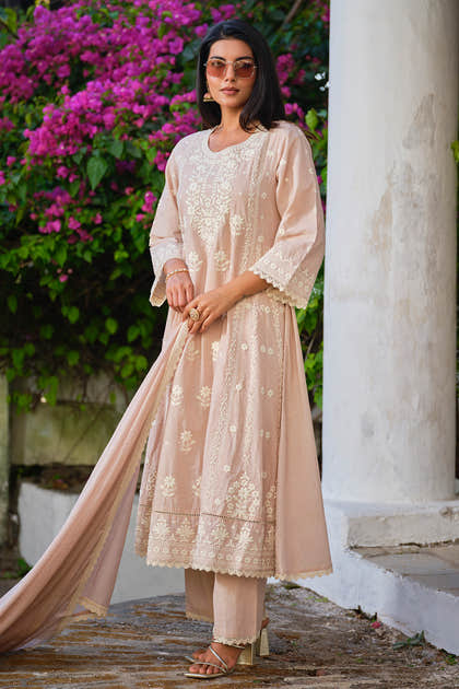 Beige Cotton Resham Embroidered Chikankari  Anarkali  Suit Set