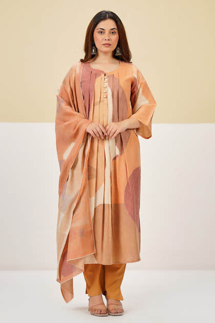 Pastel Mustard Cotton Printed Suit
