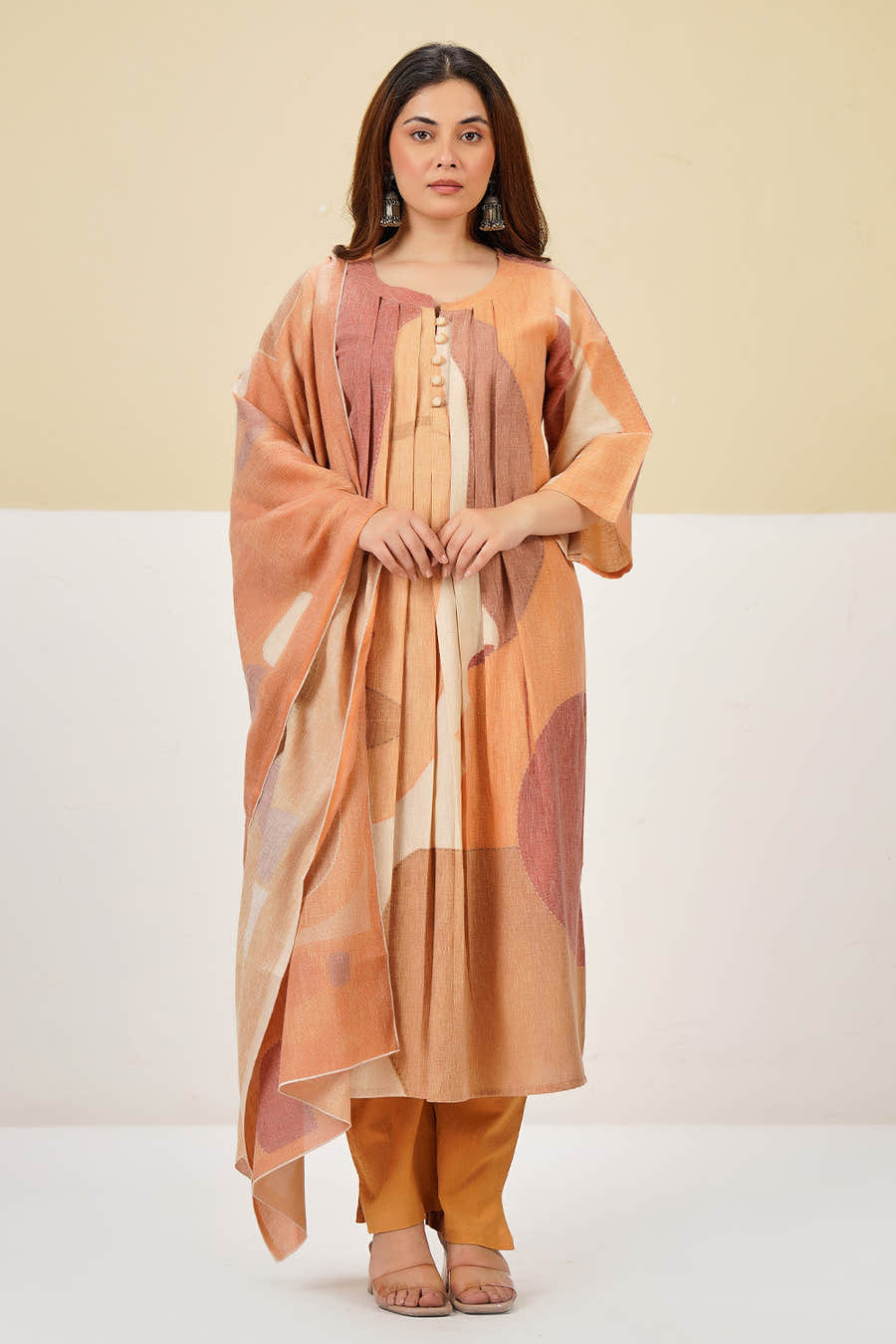 Pastel Mustard Cotton Printed Suit