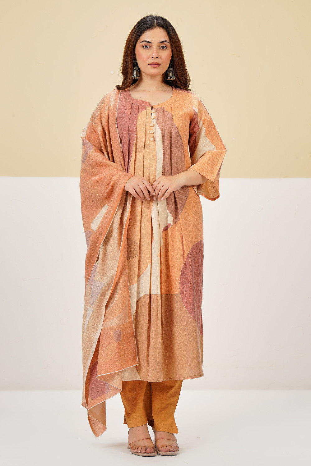Pastel Mustard Cotton Printed Suit