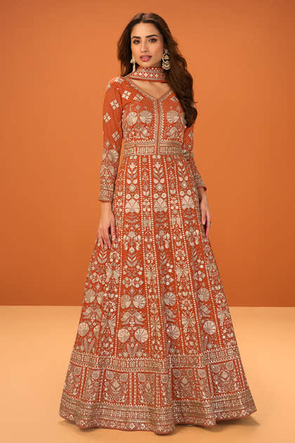 Orange Georgette Heavy Embroidered Floor-Length Suit