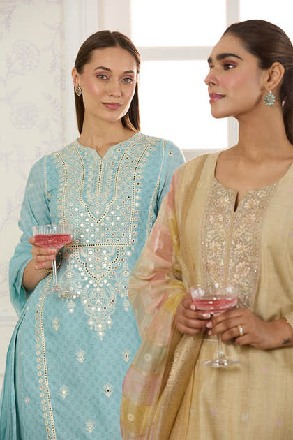 Light Blue Cotton Mirror Work & Resham Embroidered Suit