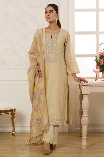 Beige Chanderi Cotton Resham And Zardosi Embroidered Unstitched Suit Material