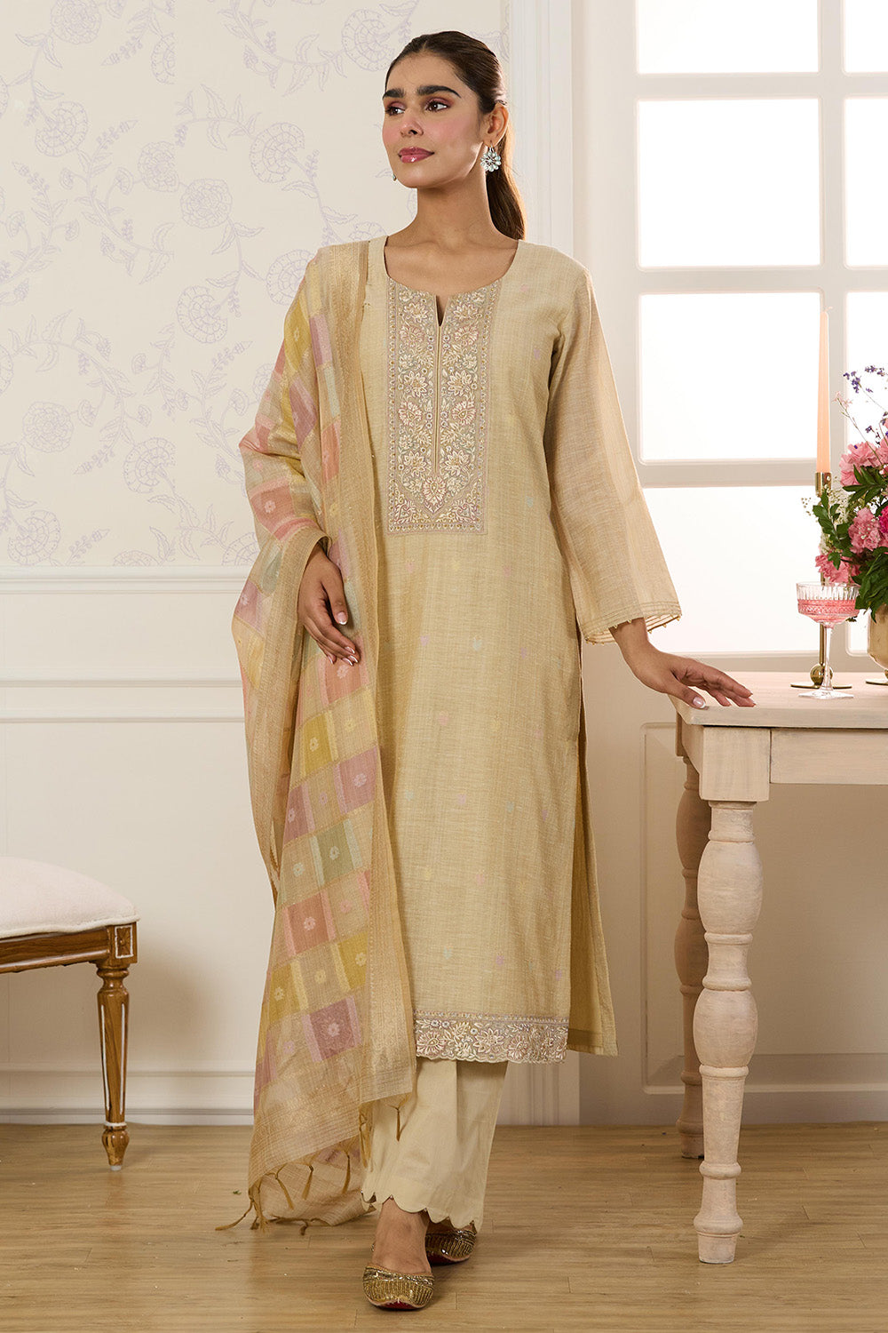 Beige Chanderi Cotton Resham And Zardosi Embroidered Unstitched Suit Material