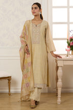 Beige Chanderi Cotton Resham And Zardosi Embroidered Unstitched Suit Material