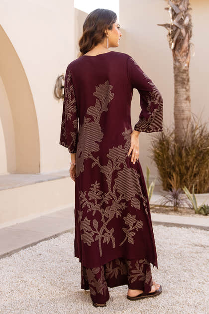 Wine Rayon Cotton Floral Printed Kurta Set With Palazzo