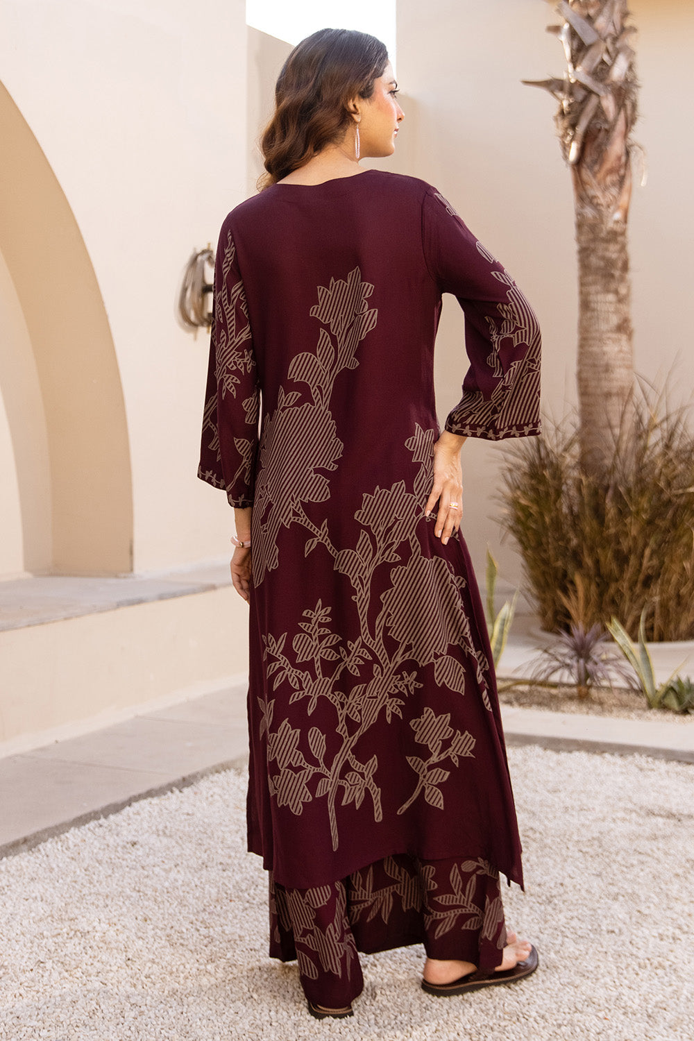 Wine Rayon Cotton Floral Printed Kurta Set With Palazzo