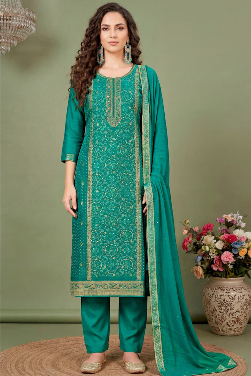 Teal Silk Bandhani Printed and Zari Woven Unstitched Suit Fabric