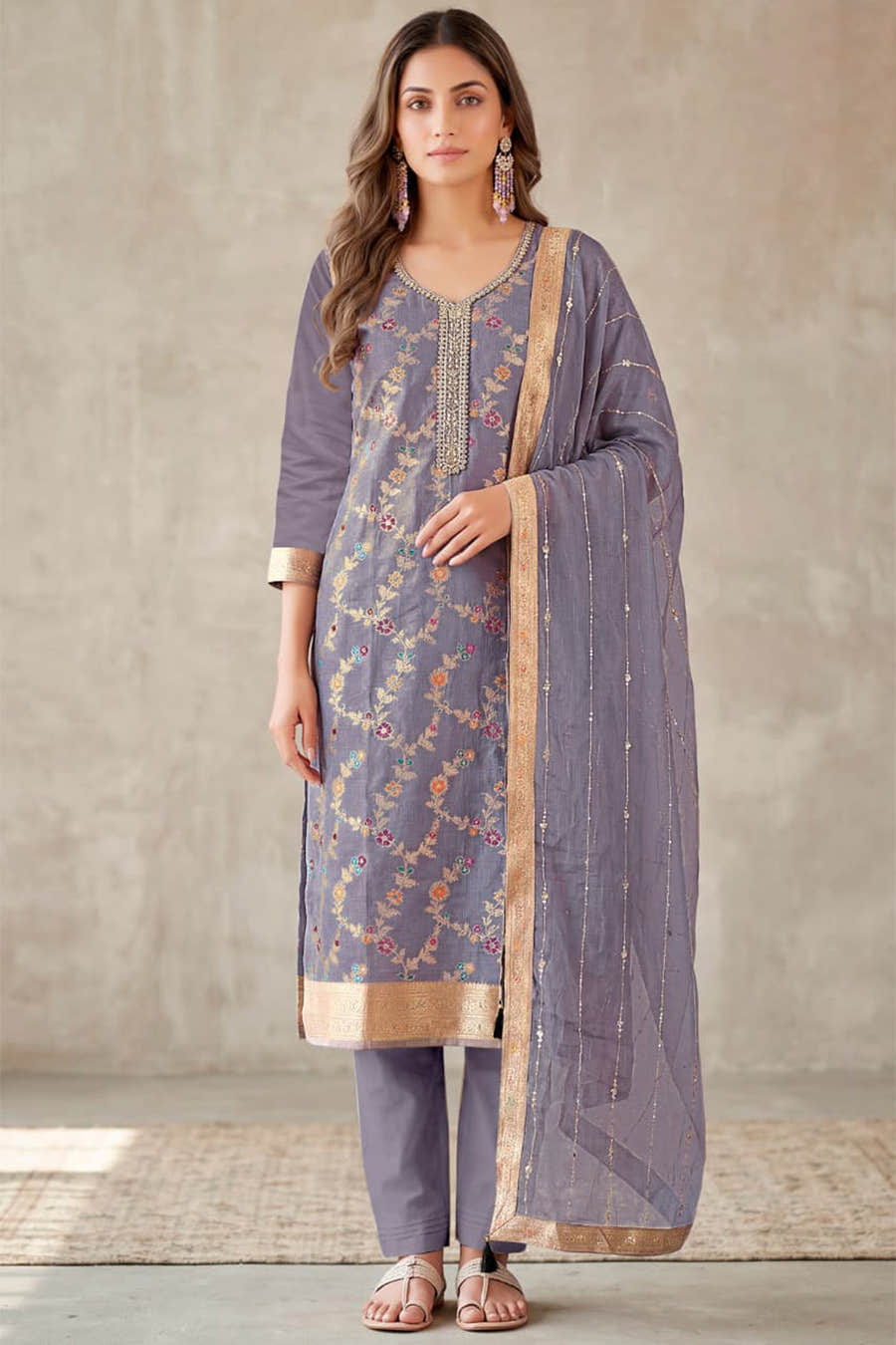 Lavender Silk Resham And Zari Woven Unstitched Suit Fabric