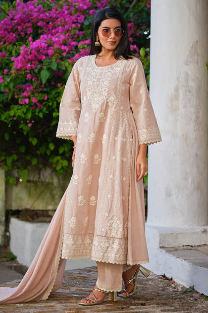 Beige Cotton Resham Embroidered Chikankari  Anarkali  Suit Set