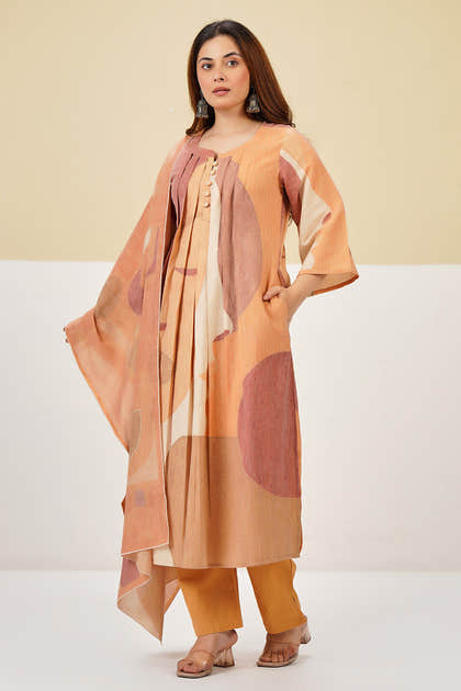 Pastel Mustard Cotton Printed Suit