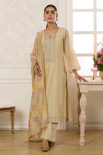 Beige Chanderi Cotton Resham And Zardosi Embroidered Unstitched Suit Material