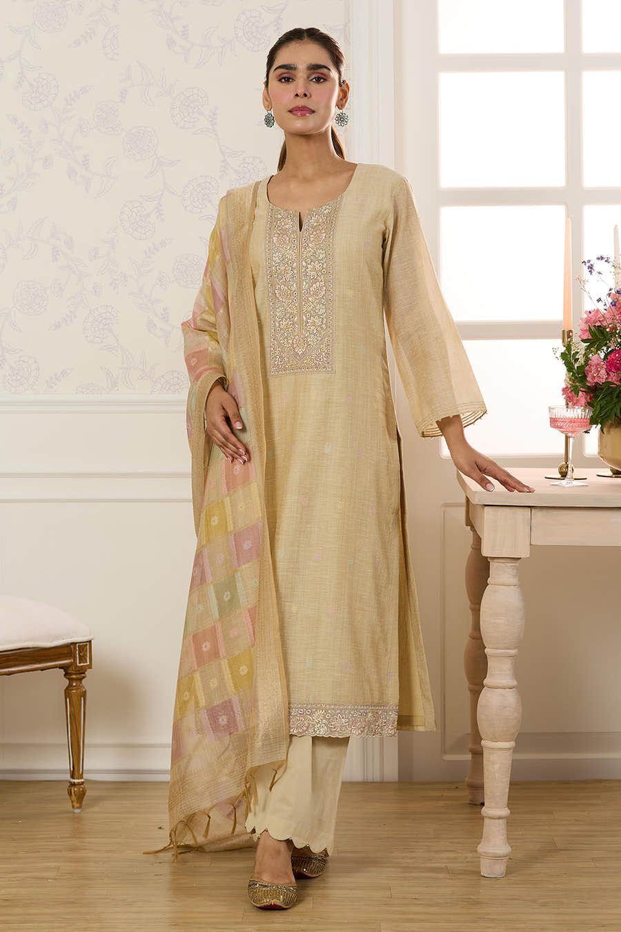 Beige Chanderi Cotton Resham And Zardosi Embroidered Unstitched Suit Material