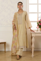 Beige Chanderi Cotton Resham And Zardosi Embroidered Unstitched Suit Material