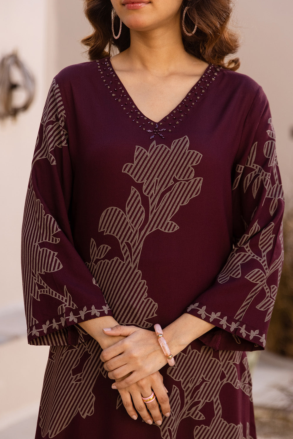 Wine Rayon Cotton Floral Printed Kurta Set With Palazzo