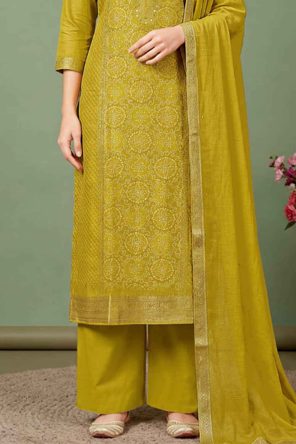Soft Olive Green Silk Bandhani Printed and Zari Woven Unstitched Suit Fabric