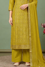 Soft Olive Green Silk Bandhani Printed and Zari Woven Unstitched Suit Fabric