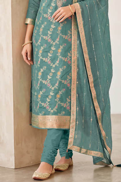 Light Sea Green Silk Resham And Zari Woven Unstitched Suit Fabric