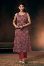Maroon Muslin Printed And Mirror Work Kurta Set