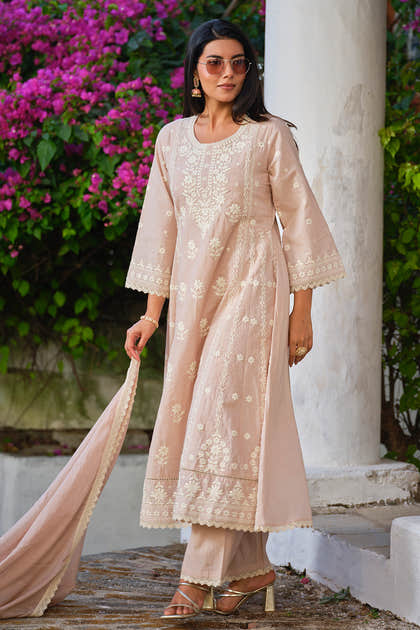 Beige Cotton Resham Embroidered Chikankari  Anarkali  Suit Set