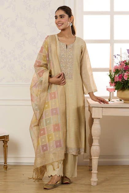 Beige Chanderi Cotton Resham And Zardosi Embroidered Unstitched Suit Material