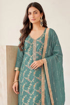 Light Sea Green Silk Resham And Zari Woven Unstitched Suit Fabric