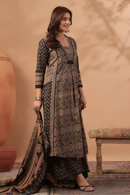 Black Cotton Ajrakh Printed Anarkali Suit With Palazzo