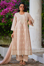 Beige Cotton Resham Embroidered Chikankari  Anarkali  Suit Set