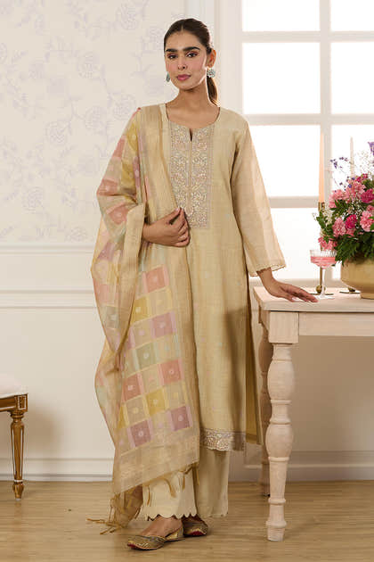 Beige Chanderi Cotton Resham And Zardosi Embroidered Unstitched Suit Material