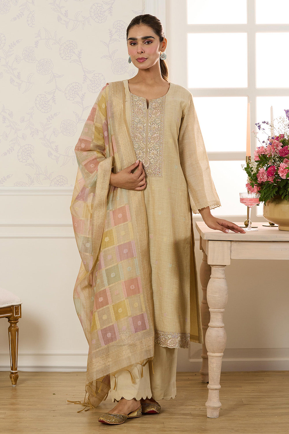 Beige Chanderi Cotton Resham And Zardosi Embroidered Unstitched Suit Material