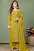 Soft Olive Green Silk Bandhani Printed and Zari Woven Unstitched Suit Fabric