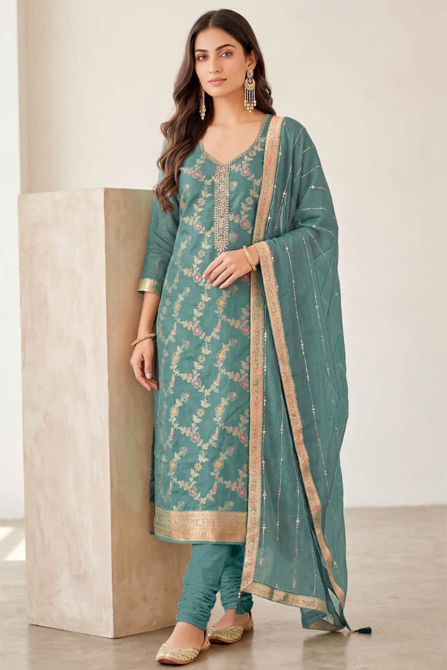 Light Sea Green Silk Resham And Zari Woven Unstitched Suit Fabric