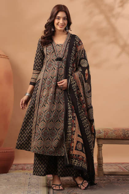 Black Cotton Ajrakh Printed Anarkali Suit With Palazzo