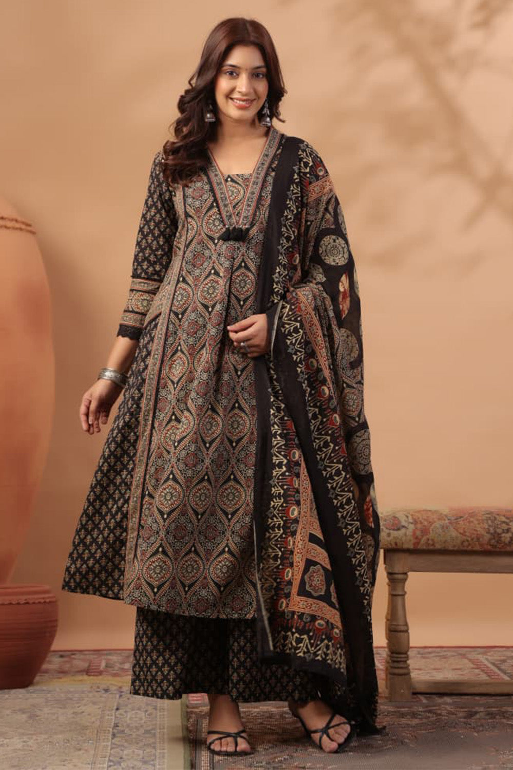 Black Cotton Ajrakh Printed Anarkali Suit With Palazzo
