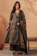 Black Cotton Ajrakh Printed Anarkali Suit With Palazzo
