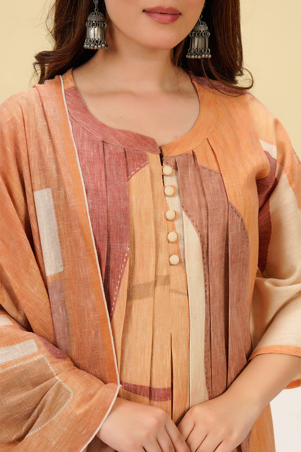 Pastel Mustard Cotton Printed Suit