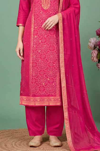 Rani Silk Bandhani Printed and Zari Woven Unstitched Suit Fabric