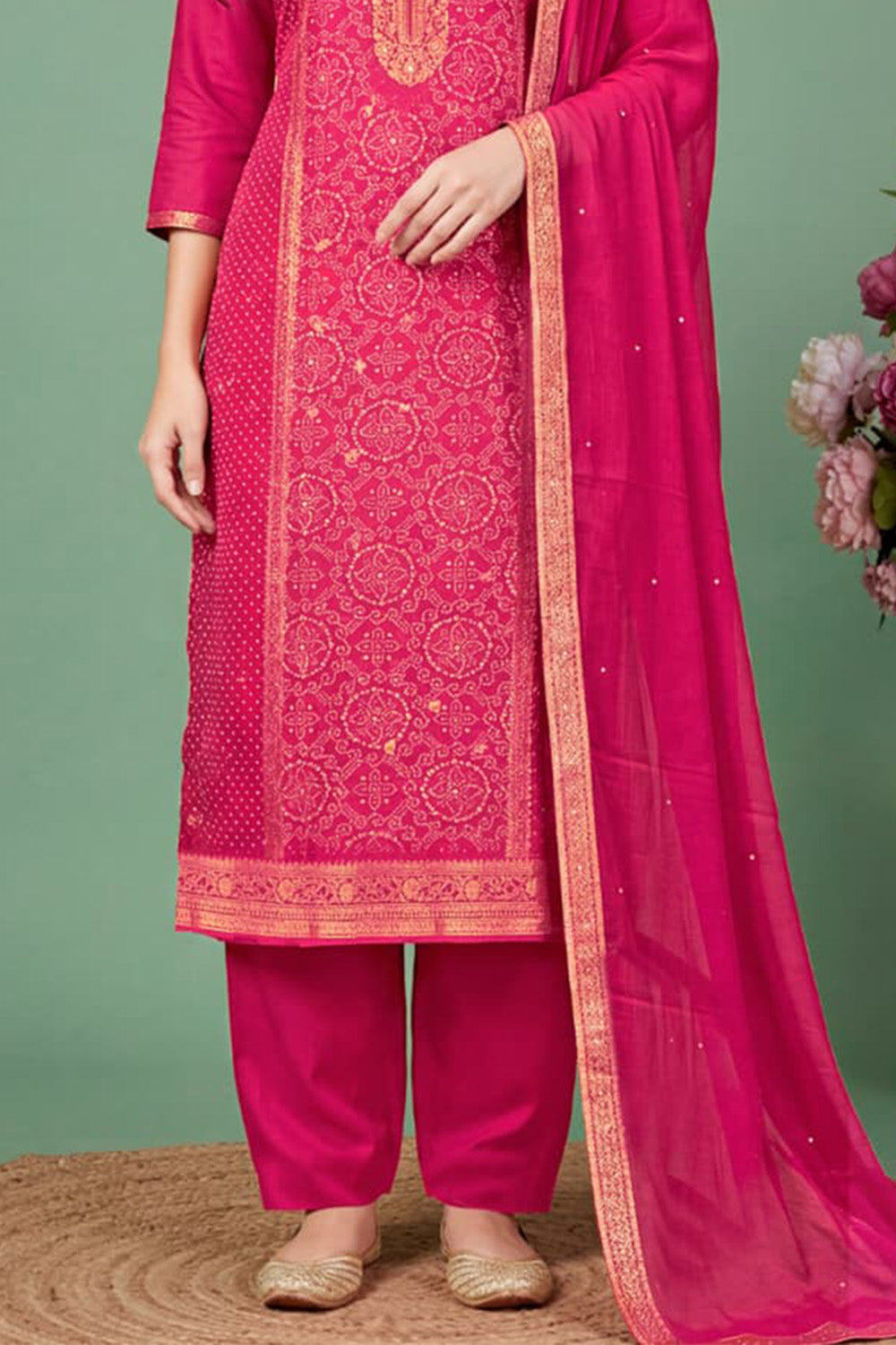 Rani Silk Bandhani Printed and Zari Woven Unstitched Suit Fabric