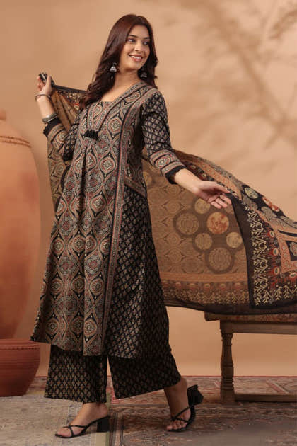 Black Cotton Ajrakh Printed Anarkali Suit With Palazzo