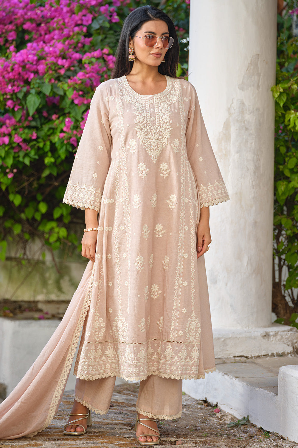 Beige Cotton Resham Embroidered Chikankari  Anarkali  Suit Set