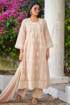 Beige Cotton Resham Embroidered Chikankari  Anarkali  Suit Set