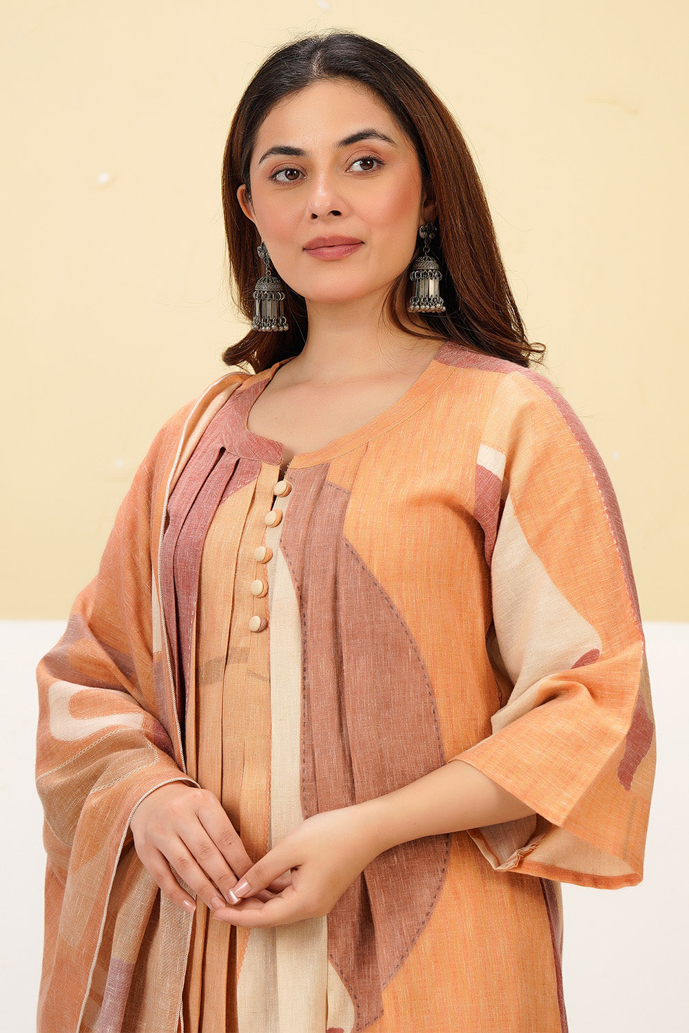 Pastel Mustard Cotton Printed Suit