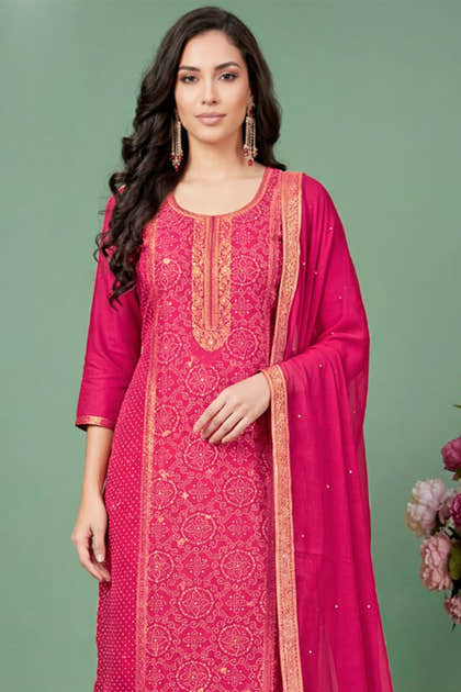 Rani Silk Bandhani Printed and Zari Woven Unstitched Suit Fabric