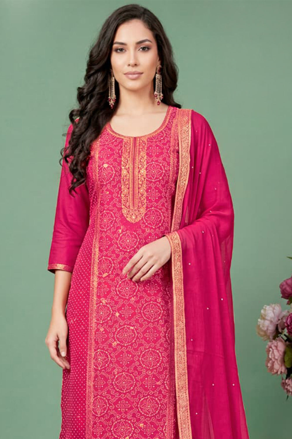 Rani Silk Bandhani Printed and Zari Woven Unstitched Suit Fabric