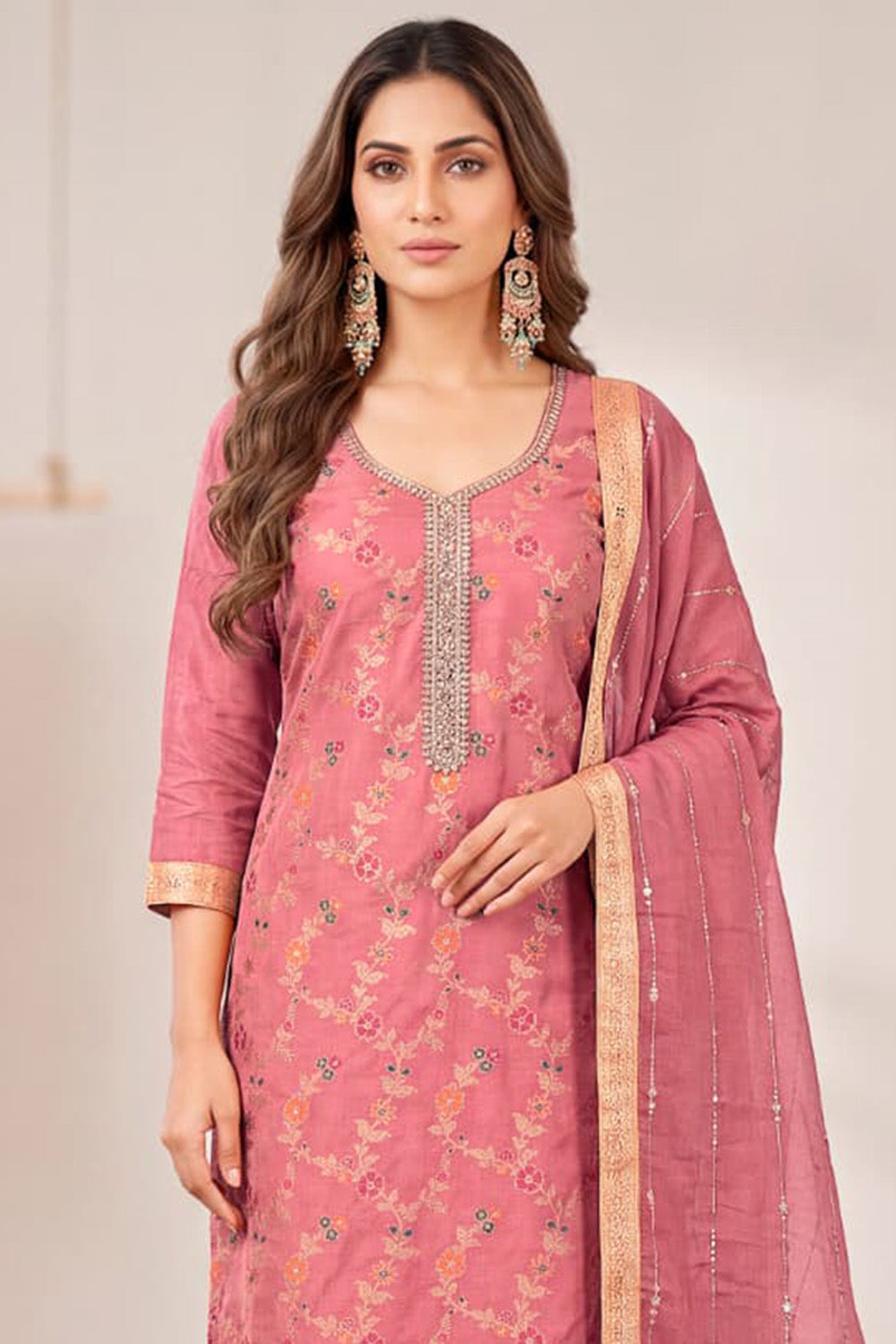 Dusty Peach Silk Resham And Zari Woven Unstitched Suit Fabric