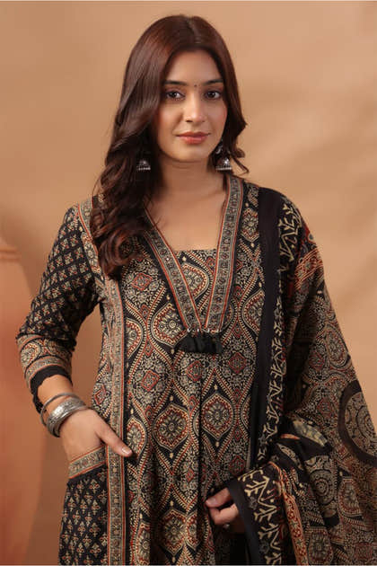Black Cotton Ajrakh Printed Anarkali Suit With Palazzo