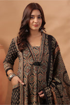 Black Cotton Ajrakh Printed Anarkali Suit With Palazzo