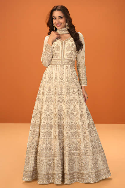 Cream Georgette Heavy Embroidered Floor-Length Suit