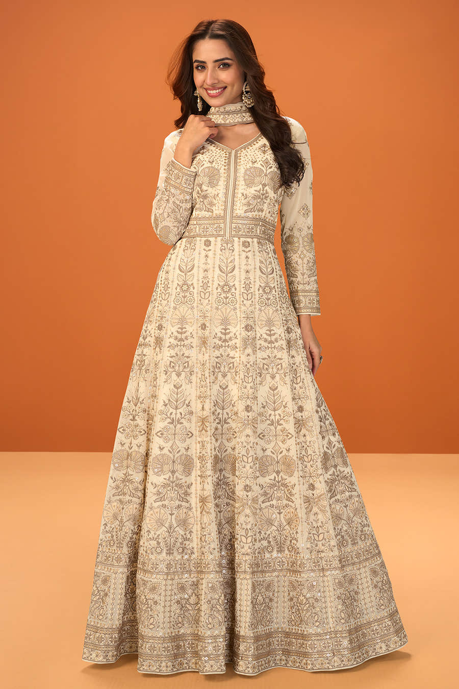 Cream Georgette Heavy Embroidered Floor-Length Suit