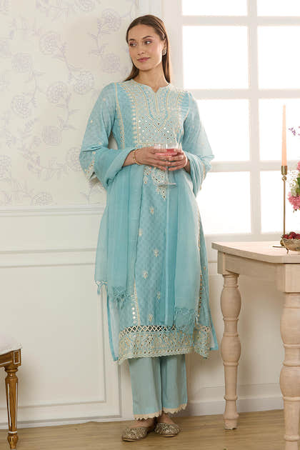 Light Blue Cotton Mirror Work & Resham Embroidered Suit